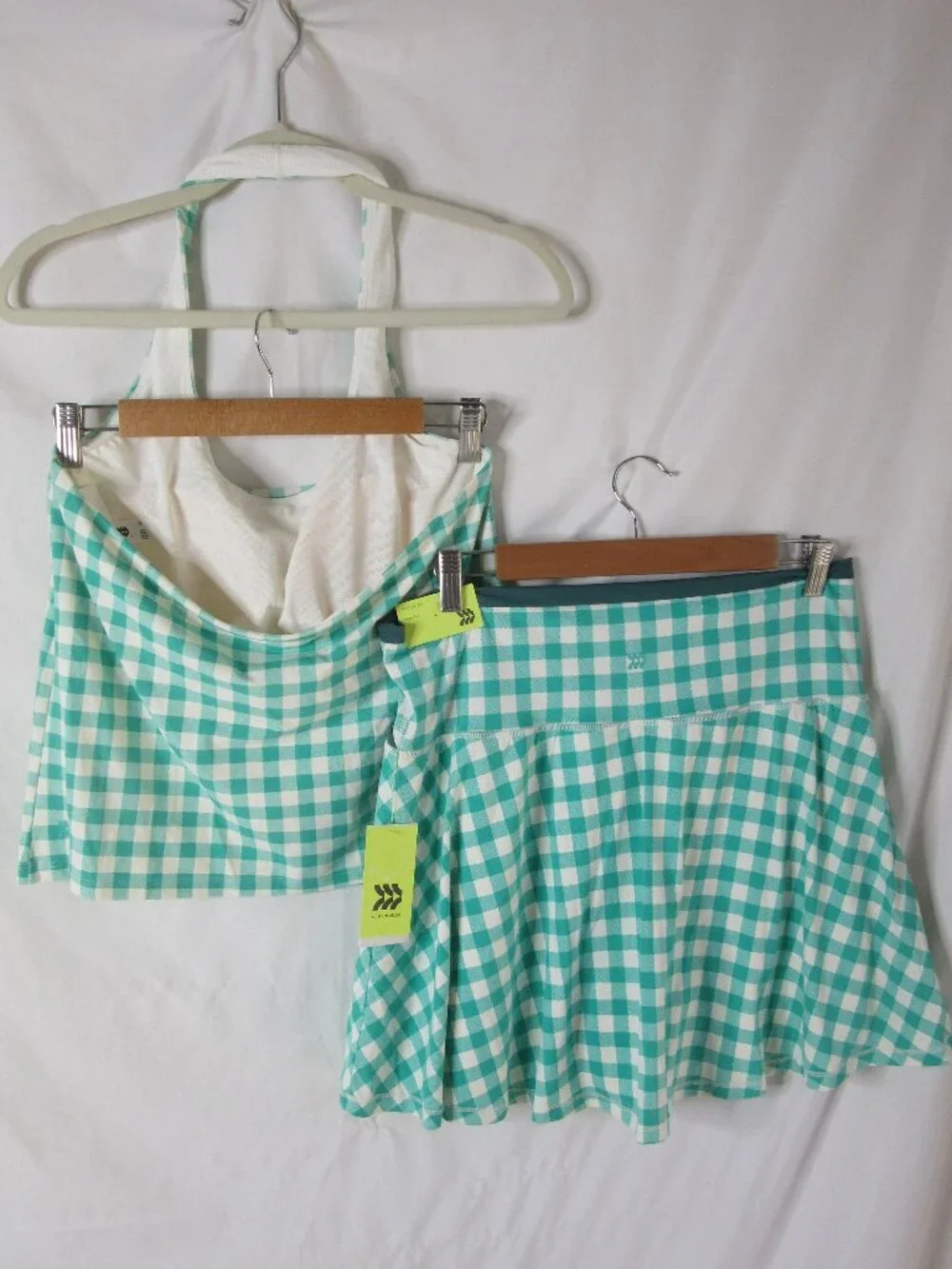 All in Motion 2 Piece Active Set Skort Halter Green White Gingham Size XL NWT